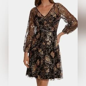 Maggy London Black and Gold Autumn Leaf Long Sleeve Dress